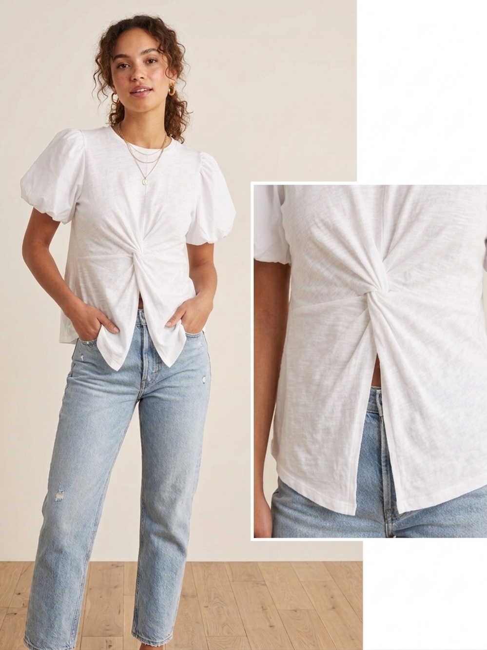 THML White Twist-Front Puff Sleeve Tee
